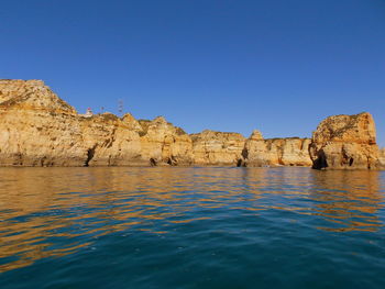 Rock formations by sea against clear blue sky