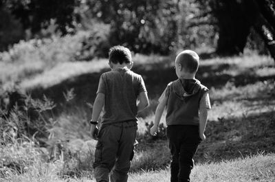 Rear view of boys walking on field