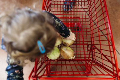 Overhead view of girl putting vegetables in shopping cart at supermarket