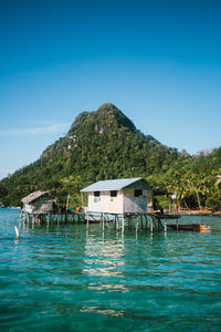 Scenic view of lake and houses against blue sky