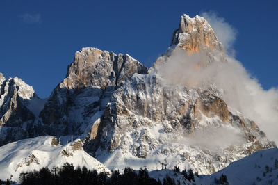 Panoramic view of snowcapped mountains against clear blue sky