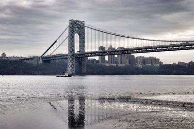 View of suspension bridge over river