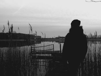 Rear view of man looking at lake