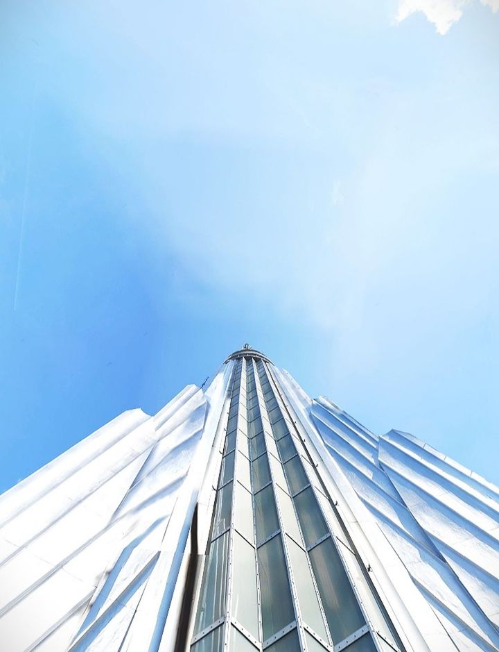 sky, blue, architecture, skyscraper, built structure, cloud, sunlight, nature, building exterior, city, no people, low angle view, office building exterior, line, outdoors, building, day, copy space, steel, business, reflection, office, alloy, industry, white, transportation, glass