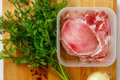 High angle view of food on cutting board