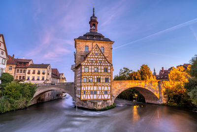 The half-timbered old town hall of bamberg in germany before sunrise