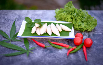 High angle view of chopped vegetables on table