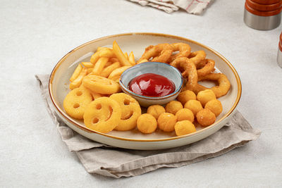 High angle view of food in plate on table