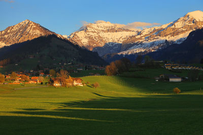 Scenic view of field and mountains during winter