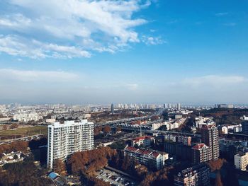 High angle view of cityscape against sky