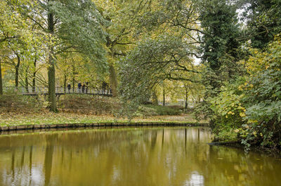 Autumn reflections in the romantic garden in museum park, crossed by a pedestrian bridge