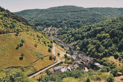 High angle view of trees and buildings