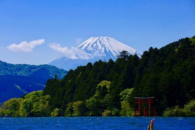 Scenic view of mountain against blue sky