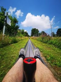 Person with umbrella on plants against sky