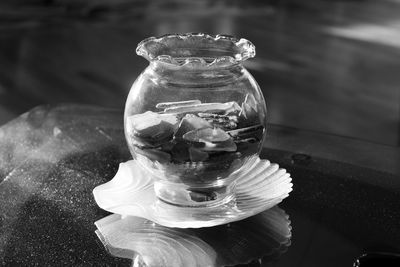 High angle view of drinking water in glass on table