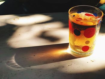 High angle view of beer glass on table