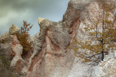 Low angle view of rock formation against sky