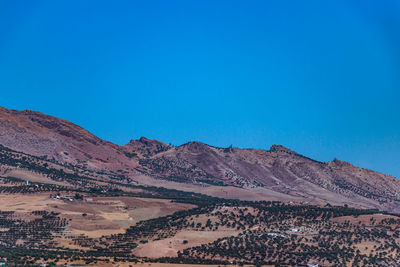 Scenic view of arid landscape against clear blue sky