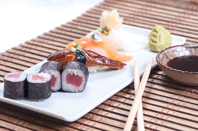 High angle view of sushi in plate