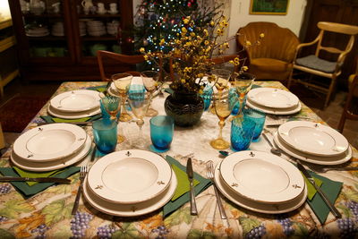 High angle view of glasses on table
