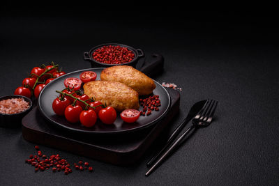 High angle view of food in plate on table