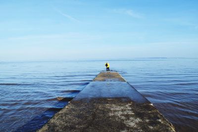 Rear view of person standing on pier against sea and sky