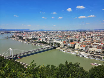 High angle view of bridge and cityscape against sky