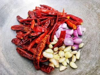 High angle view of chopped vegetables on cutting board