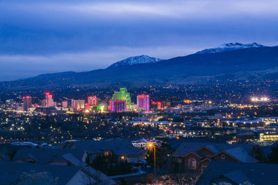 High angle view of illuminated buildings in city at night