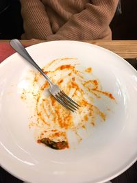 High angle view of food in plate on table