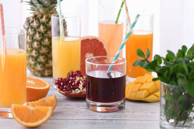 Freshly prepared citrus juices from orange, grapefruit, pomegranate, pineapple, mango.