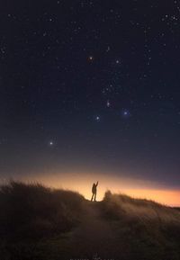 Silhouette person standing on field against sky at night