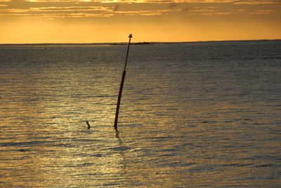 Silhouette wooden post in sea against sky during sunset