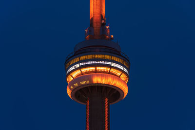 Close-up of the illuminated cn-tower in toronto