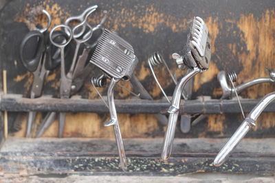 Barber equipment hanging on the wood