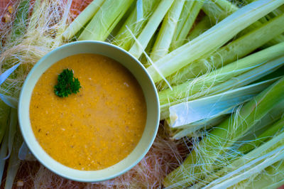 High angle view of soup in bowl