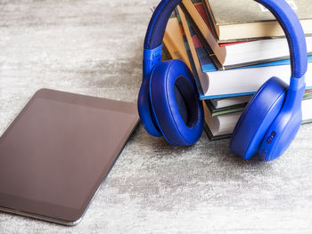 High angle view of books on table