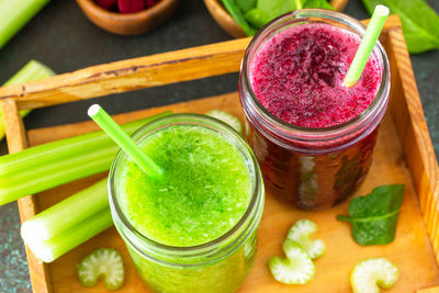 High angle view of fruits in glass container