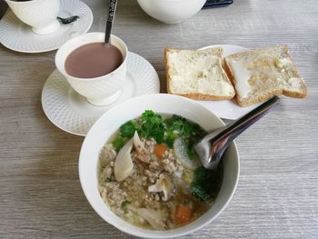 High angle view of breakfast served on table