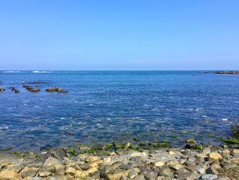 Scenic view of sea against clear blue sky