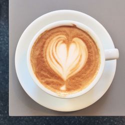 Directly above shot of coffee with heart shape on table