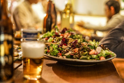 Close-up of food served on table