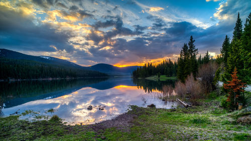 Scenic view of lake against sky during sunset