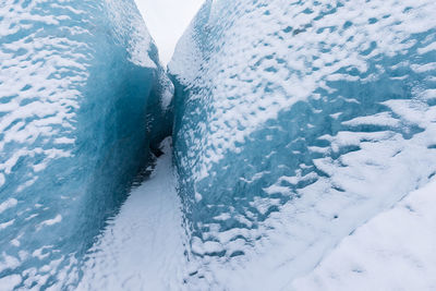 Close-up of snow covered land against sky