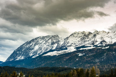 Scenic view of snowcapped mountains against sky