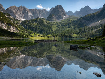 Scenic view of lake and mountains against sky