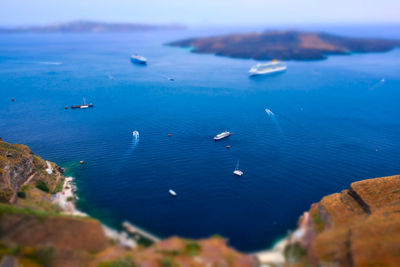 High angle view of sailboats in sea