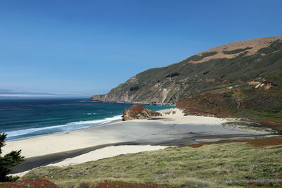 Scenic view of sea against clear blue sky