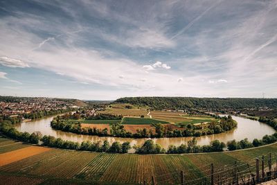 Scenic view of agricultural field  and river against sky