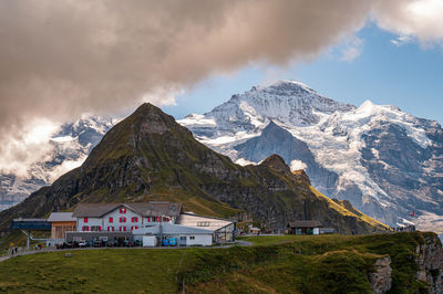 Scenic view of snowcapped mountains against sky